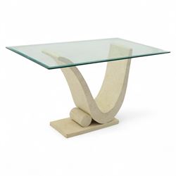 Contemporary sculptural stone-effect console table with bevelled glass top 