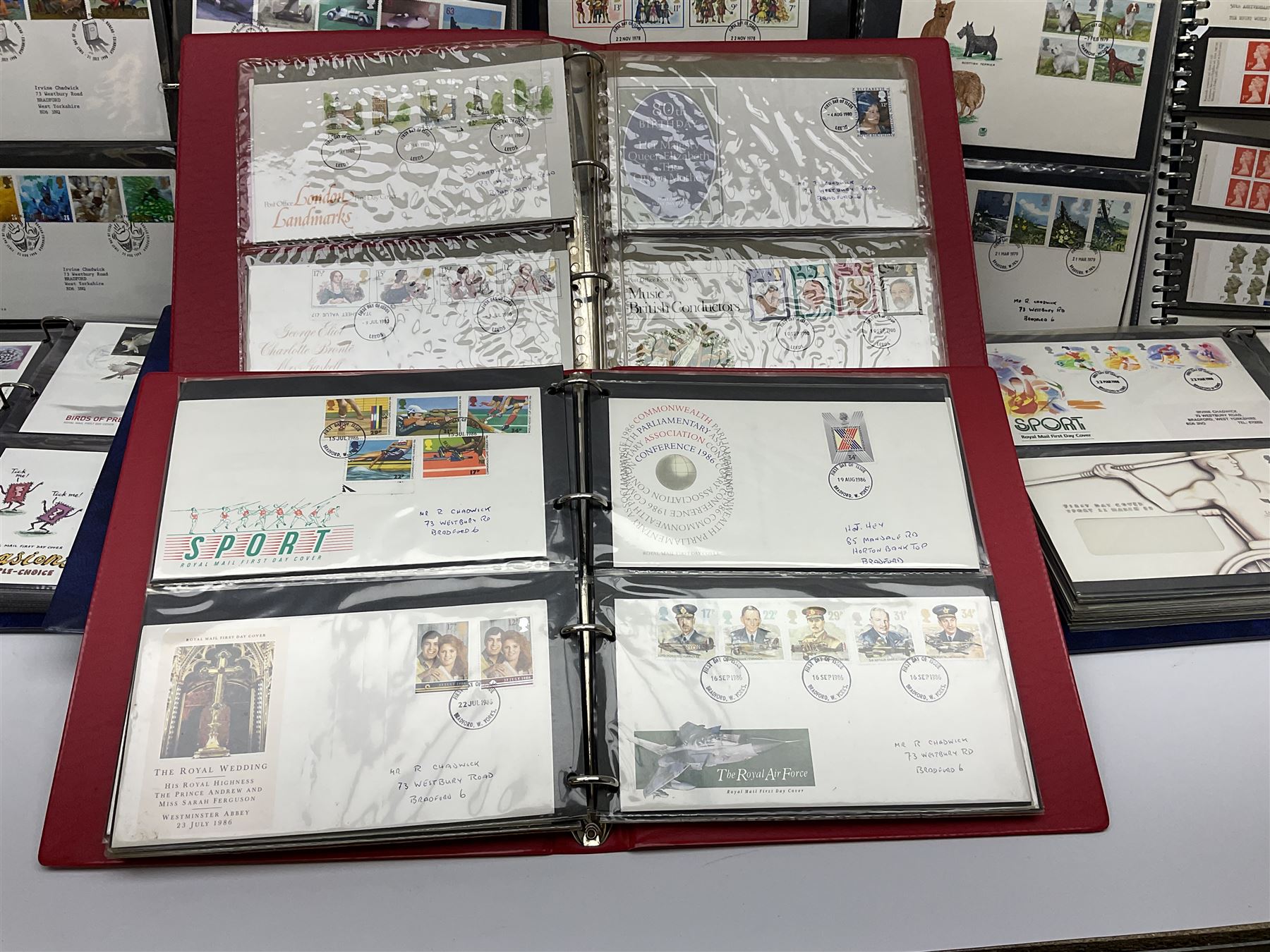 Mostly Great British first day covers, some with special postmarks, from the 1960s to the early 2000s and a small number of Queen Elizabeth II usable postage stamps, housed in eleven ring binder folders