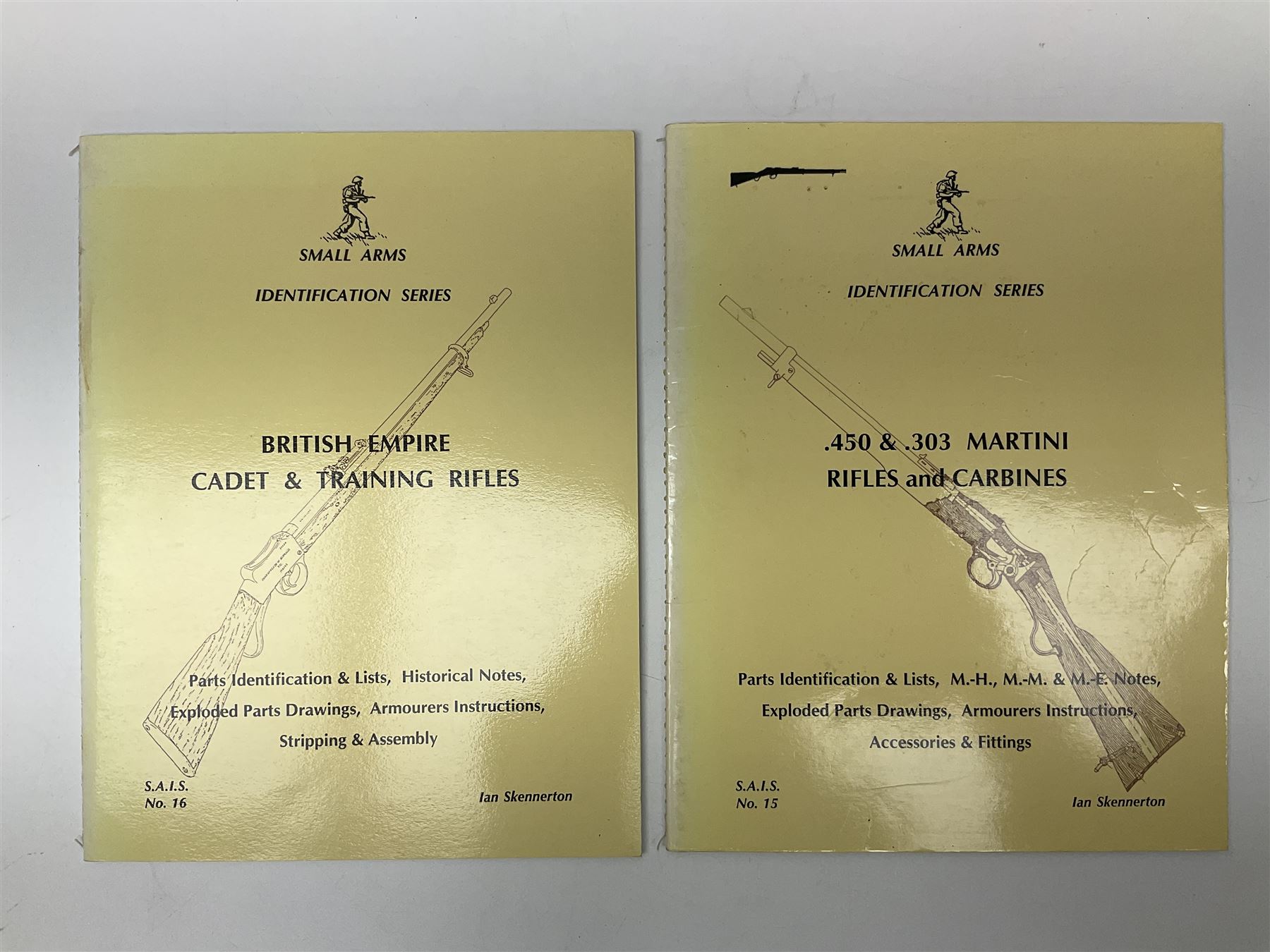 Collection of books, pamphlets and catalogues on guns and shooting including Colin Greenwood: Rook & Rabbit Rifle. 2006; Frank de Haas: Bolt Action Rifles. 1984 and Single Shot Rifles and Actions. 1969; Ian Skinnerton: .577 Snider-Enfield Rifles and Carbines. 2003 and two Small Arms Identification Series booklets; two Collectors Guides on Air Rifles by D.E. Hiller etc; and Bruce Bairnsfather Bystander's Fragments From France No.4