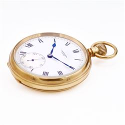 Early 20th century 9ct gold open face keyless lever pocket watch by J. W. Benson, London, white enamel dial with Roman numeral hour markers and subsidiary seconds dial, case by Dennison, Birmingham 1930
