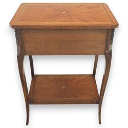 20th century French kingswood inlaid worktable, hinged top with divided compartment, above a single frieze drawer with brass pulls, gilt mounted tapered supports united by and undertier