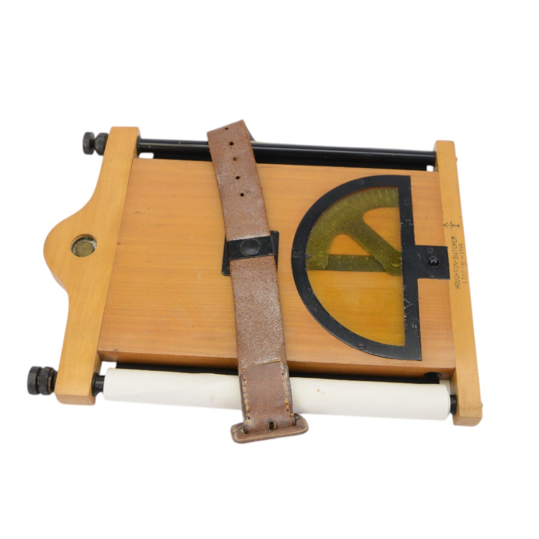 WWI British Army issue map board, stamped Houghton-Butcher, London 1915, fitted with compass, protractor and leather strap, together with two webbing map cases