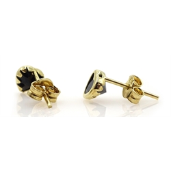 Pair of gold blue stone set heart stud earrings, stamped 9K