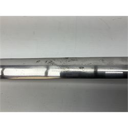 Reproduction Scottish basket hilted broadsword with 85cm double edged steel blade and red lined basket hilt with wire bound grip, in white metal mounted leather scabbard 107cm overall