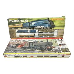 Two Hornby ‘00’ gauge electric train sets comprising R1037 ‘GWR Mixed Traffic’ set, missing Lowmac and container; and incomplete ‘The Blue Streak’ set, both boxed 
