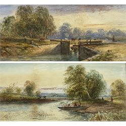 Lennard Lewis (British 1826-1913): Fishing on the River at Sunset with Cattle Nearby, pair watercolours signed and dated 1890, 24cm x 52cm (2)