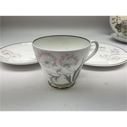 Set of six Shelley teacup trios, to include examples decorated in the Blue Poppy pattern no 14168, Bridal Rose pattern, Green Grapes & Leaves no 13616, Pastoral pink dandelion no 13893 etc, all with printed marks beneath
