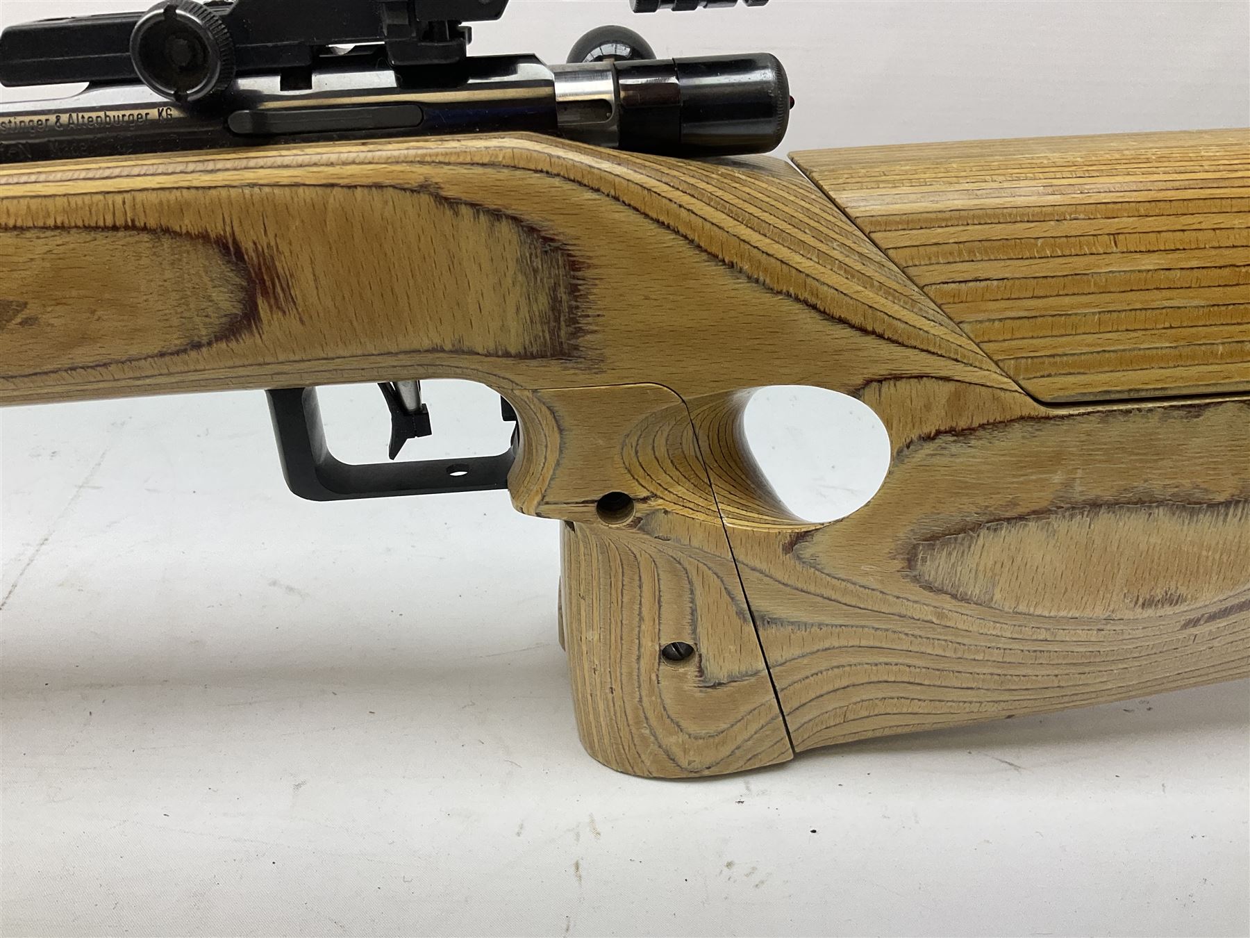 Feinwerkbau, Westinger & Altenburger Germany .22 LR bolt-action target rifle with 67cm barrel, fully adjustable weights and laminated stock, sliding weight rails and vernier rear sight; bi-pod rest at front; No.4225 L123.5cm overall SECTION 1 FIRE-ARMS CERTIFICATE REQUIRED       

