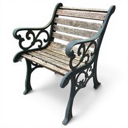 Pair of cast iron and wooden slatted chairs