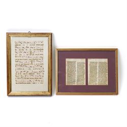 Wheler, George - 'A Journey into Greece' in company of Dr Spon of Lyons, printed for William Cademan et al, first edition 1682 ex libris Johannes Clarke in vellum covered boards, a double sided vellum page of music and a single sided vellum page, both in Latin and framed (3)