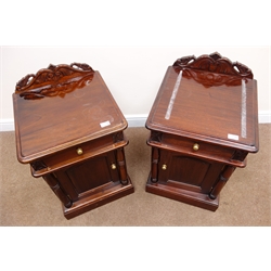  Pair Victorian mahogany bedside cabinets, raised shaped back, single drawer above cupboard, plinth base, W46cm, H75cm, D47cm  