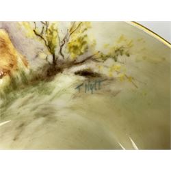 20th century cabinet coffee can and saucer, painted with cattle in a highland landscape by Worcester artist Terence Nutt, signed T Nutt, inscribed beneath 'Hand Painted by Terence Nut', together with a Royal Worcester saucer similarly decorated, signed H Stinton 