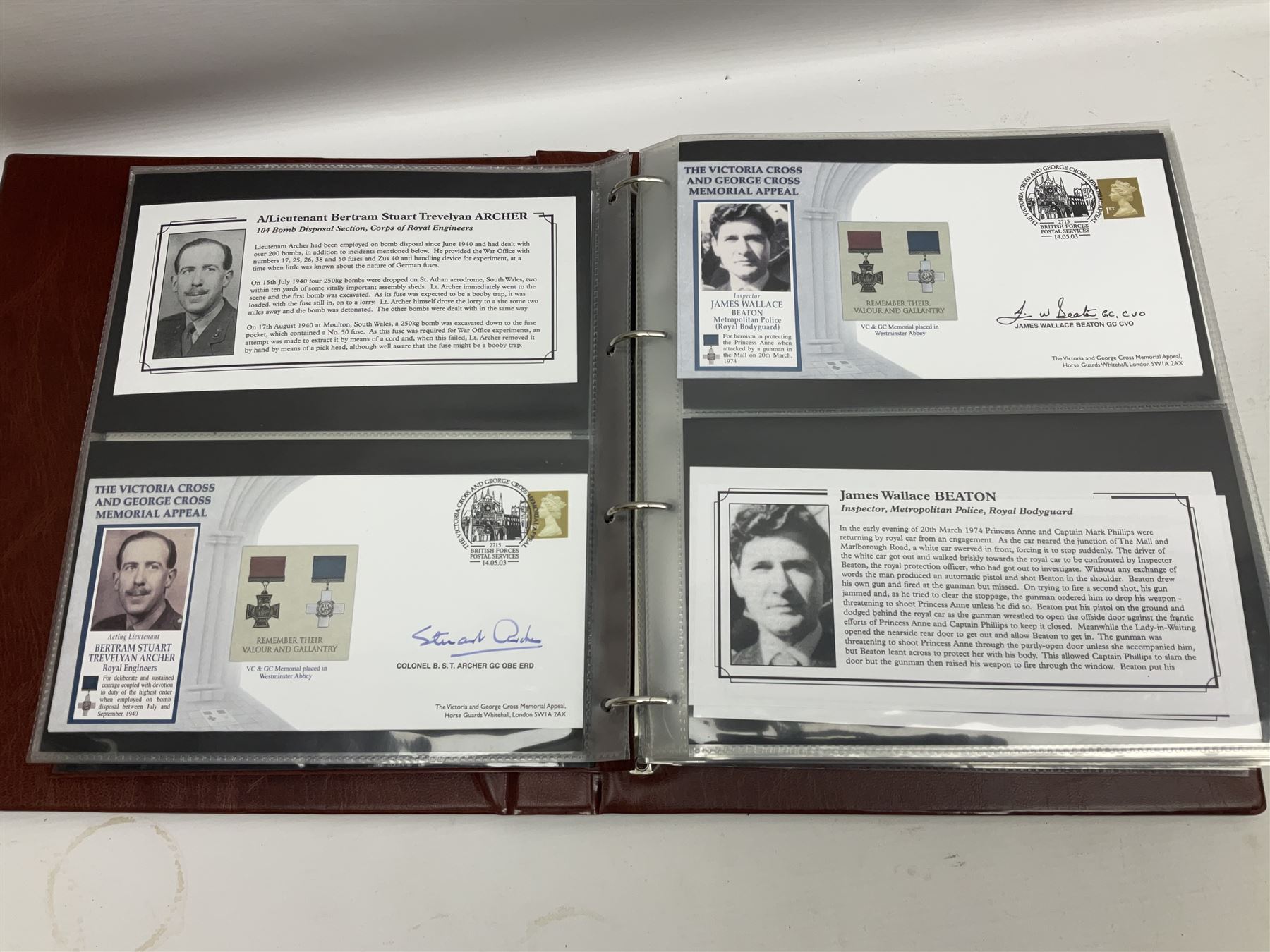 Album containing over seventy Victoria Cross and George Cross related First Day Covers, Medal Covers, Coin Covers, PHQ cards and postcards, Presentation Packs etc; some bearing signatures of the recipient.