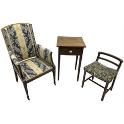 Edwardian mahogany framed armchair upholstered in blue and gold floral pattern fabric (W59cm); early 20th century piano stool; 20th century oak side table fitted with drawer 