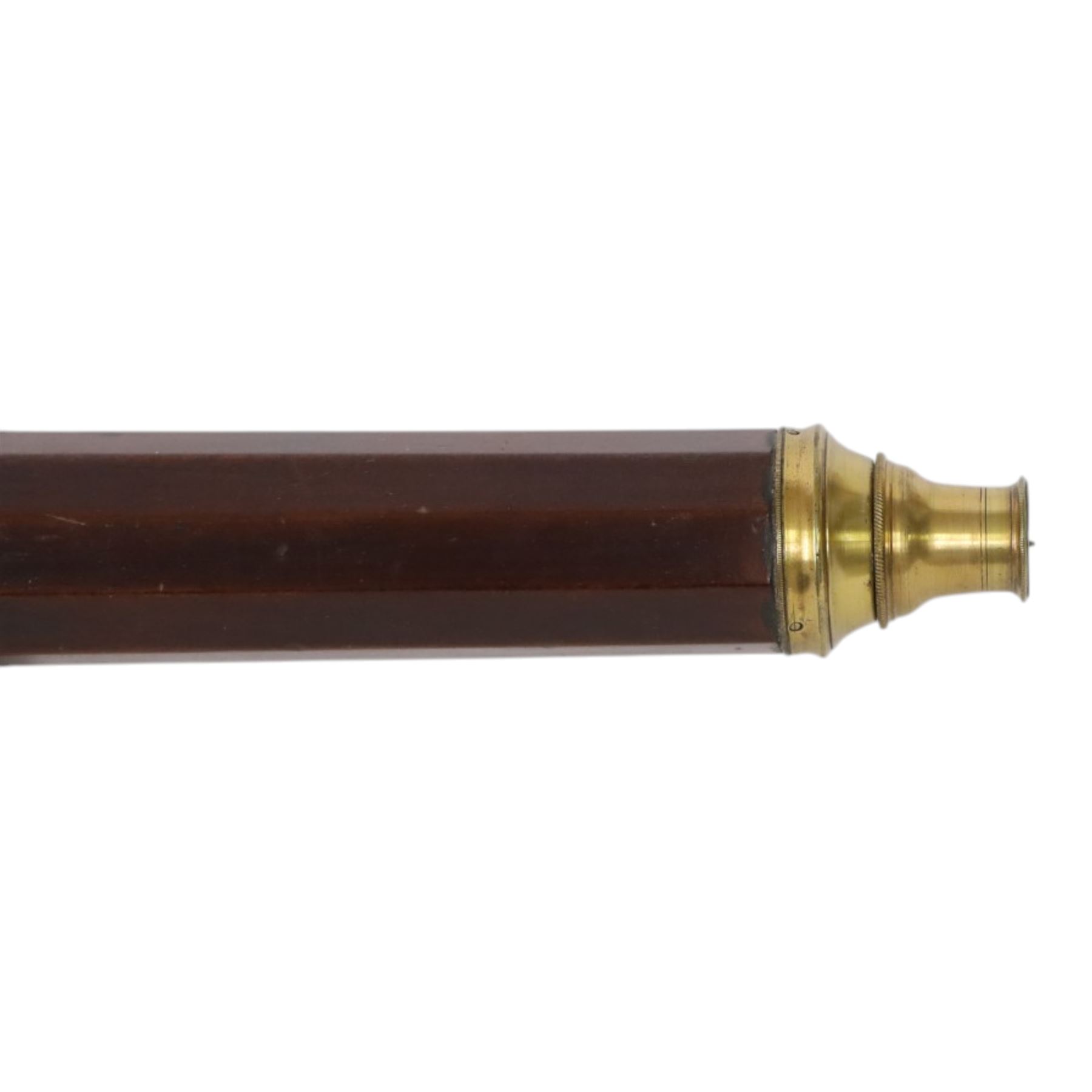 Late 18th century decagonal mahogany telescope, with brass eyepiece and cap, both with brass shutters, unmarked, upon wooden stand