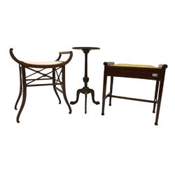 Edwardian inlaid mahogany piano stool (W56cm), an Edwardian mahogany stool with curved seat and an early 20th century mahogany wine table