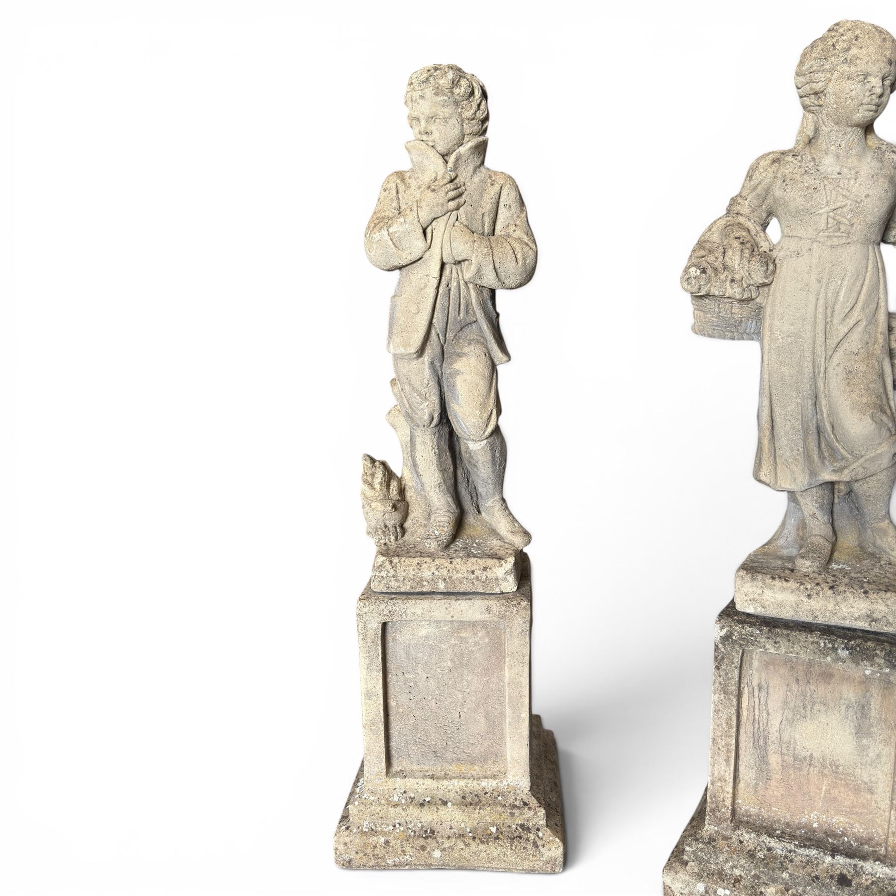 The Four Seasons - set of four traditional cast stone garden figures, in a weathered finish, stamped 'Lucas'