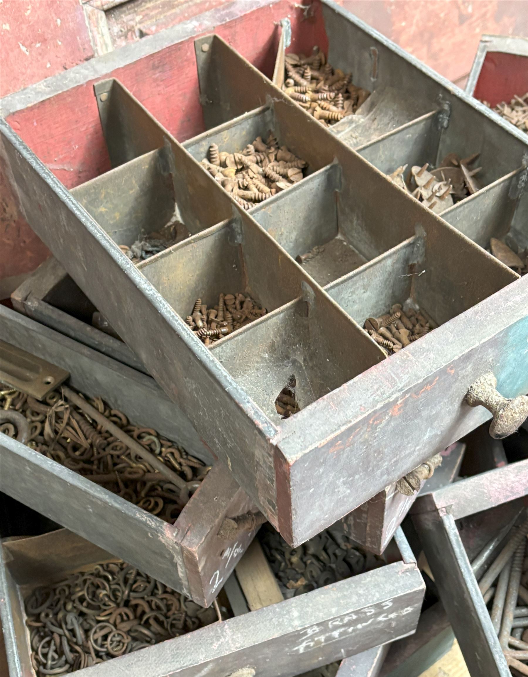 Collection of galvanised metal and wood workshop parts drawers and contents, early / mid 20th century.  - COLLECTION BY APPOINTMENT FROM: The White House, Thirsk Road, Easingwold, York, YO61 3NF - CALL 01723 507111 TO ARRANGE