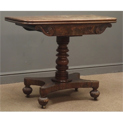  Regency mahogany folding tea table, turned column, platform base with turned and carved feet, W92cm, H75cm, D90cm  