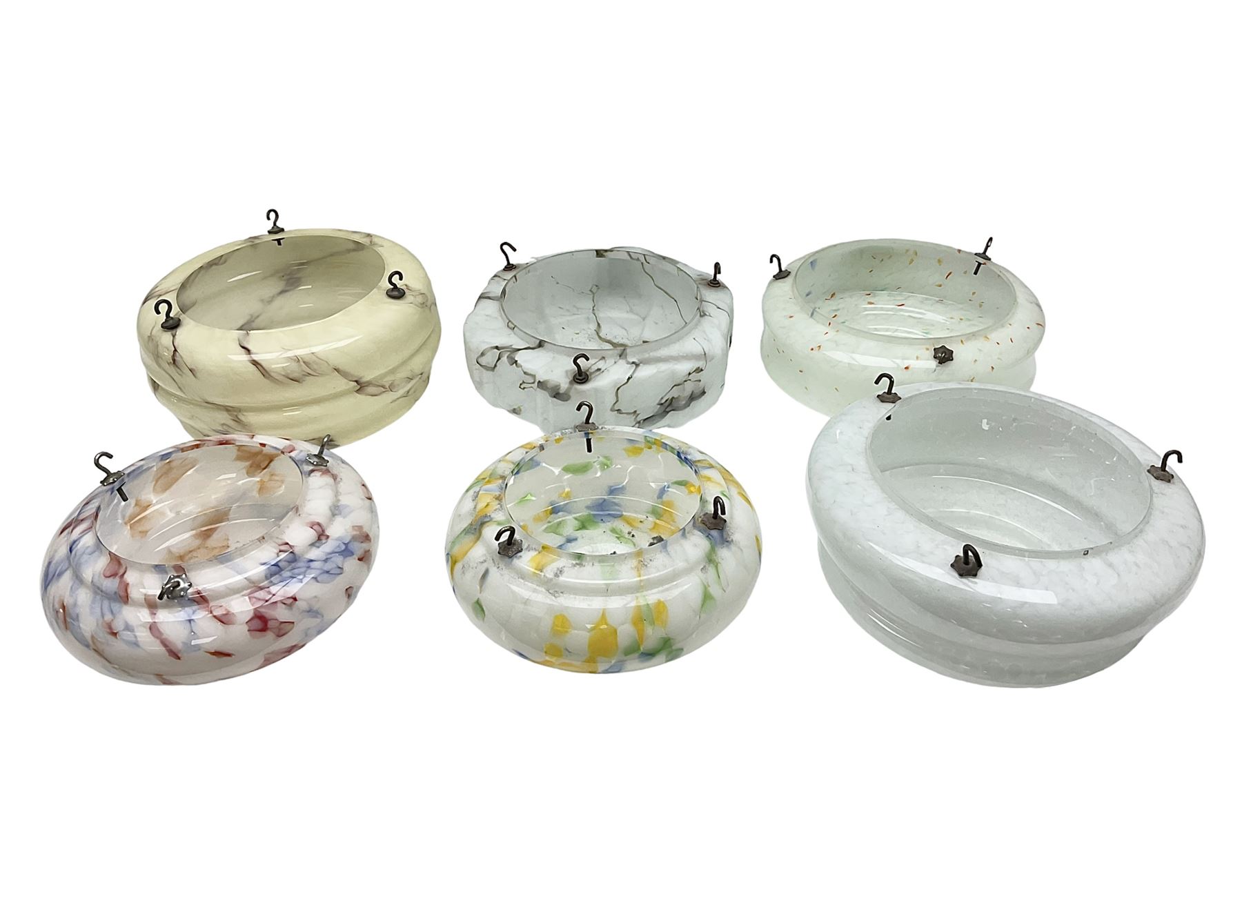 Six Art Deco glass fly catcher light shades, including marbled, mottled and frosted glass examples, largest D31cm