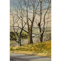 Pat Newton (British 20th century): 'Winter in West Norfolk' and 'The Farm in Winter', pair of acrylics signed, titled on label verso, in matching frames 19cm x 24cm; George 'Griff' Griffiths (British 1939-2017): 'Arthington Bank', watercolour signed, titled and dated 1977 on label verso 24cm x 16cm (3)