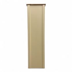 Contemporary painted pine single wardrobe, rectangular oak top over a single panelled door with round metal knob handle, enclosing part boarded interior with hanging rail and two fixed shelves