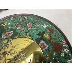Cloisonné plate decorated with birds and flowers, together with a pair of Cloisonné vases of baluster form 