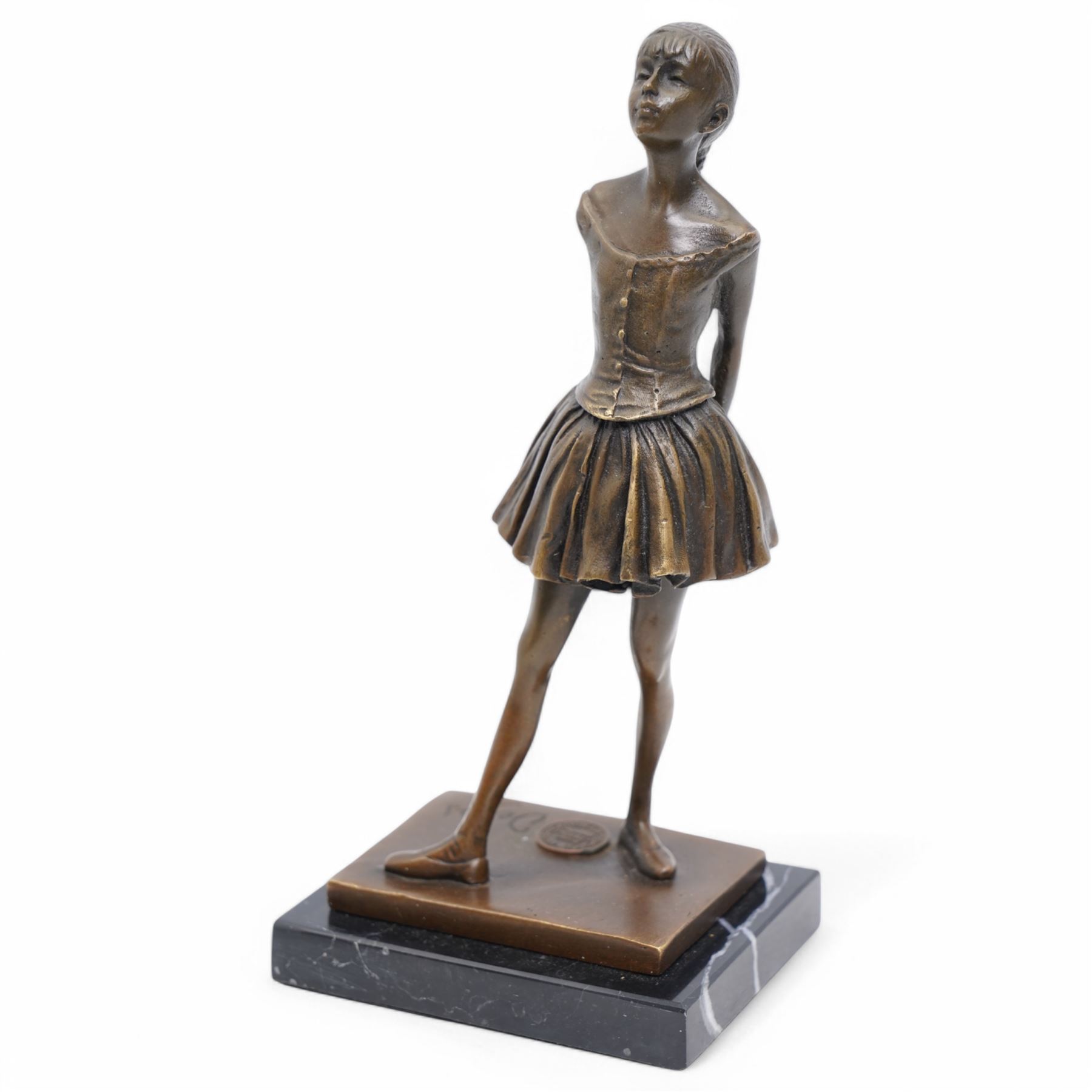 After Edgar Degas, (1834-1917), La Petite Danseuse de Quatorze Ans, small bronze figure modelled as a young female dancer, signed and with foundry mark, raised upon a rectangular base, H18.5cm
