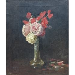 Percy Morton Teasdale (Staithes Group 1870-1961): Still Life of Roses, oil on canvas signed with initials 30cm x 25cm