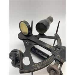 Henry Hughes & Son 'Husun' black finished brass sextant marked H (broad arrow) O No.287 W29cm; and a 19th century Harris & Son London brass three-draw telescope with leather covered tube L72cm extended (2)