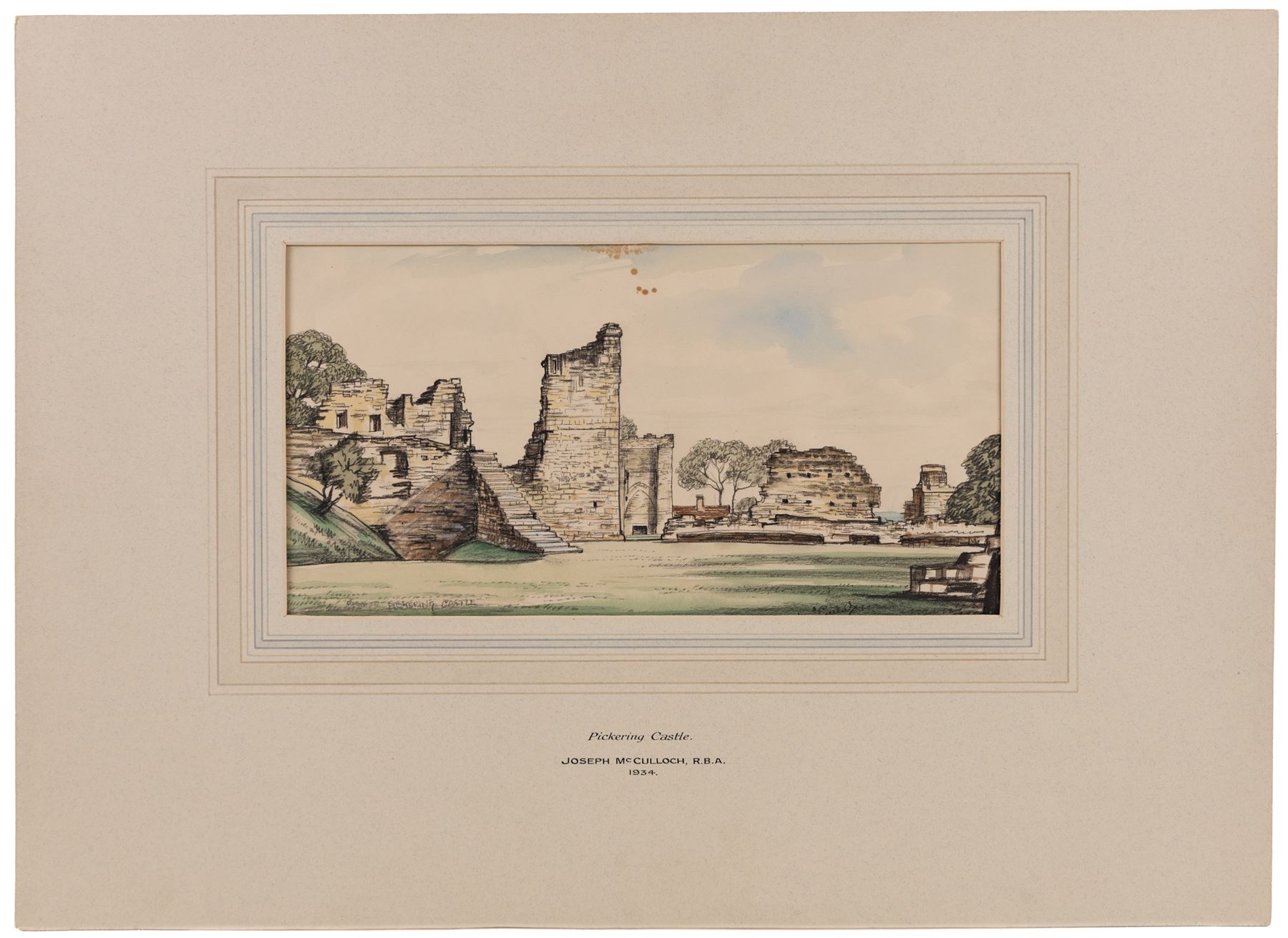 Joseph Ridley Ratcliffe McCulloch RBA (British 1893-1961): Collection of locations across North Yorkshire including 'Scarboro' Castle' and 'Whitby', five mixed media signed dated and titled max 19.5cm x 31.5cm (5) (unframed)