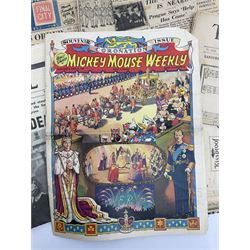 Collection of newspapers and cuttings to include first and second World War examples, Walt Disney Mickey Mouse Weekly Souvenir Coronation issue comic, dated May 30 1953 and other Coronation related news leaves