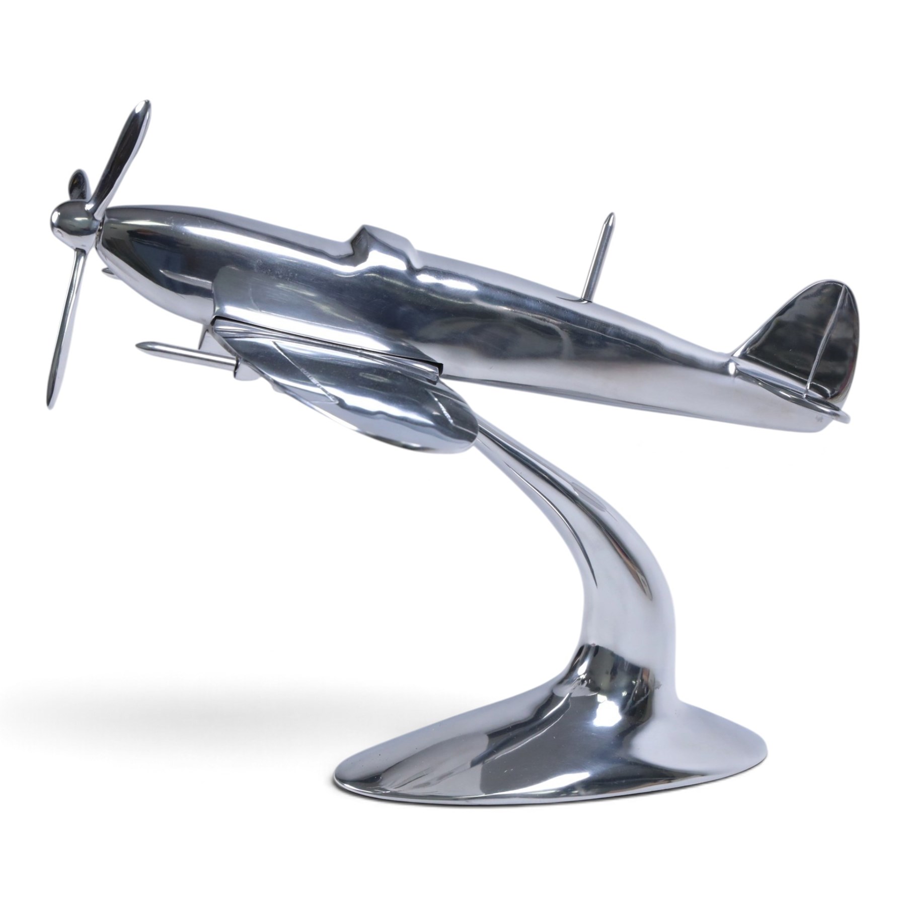 Modern polished metal model of a Spitfire, H36cm