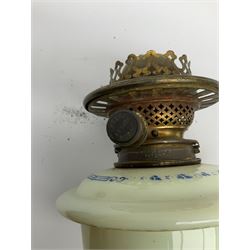 A Victorian oil lamp, with opaque glass reservoir hand painted with flowers beneath a Hinks burner and supporting a globular floral painted opaque glass shade and glass chimney, H47.5cm. 