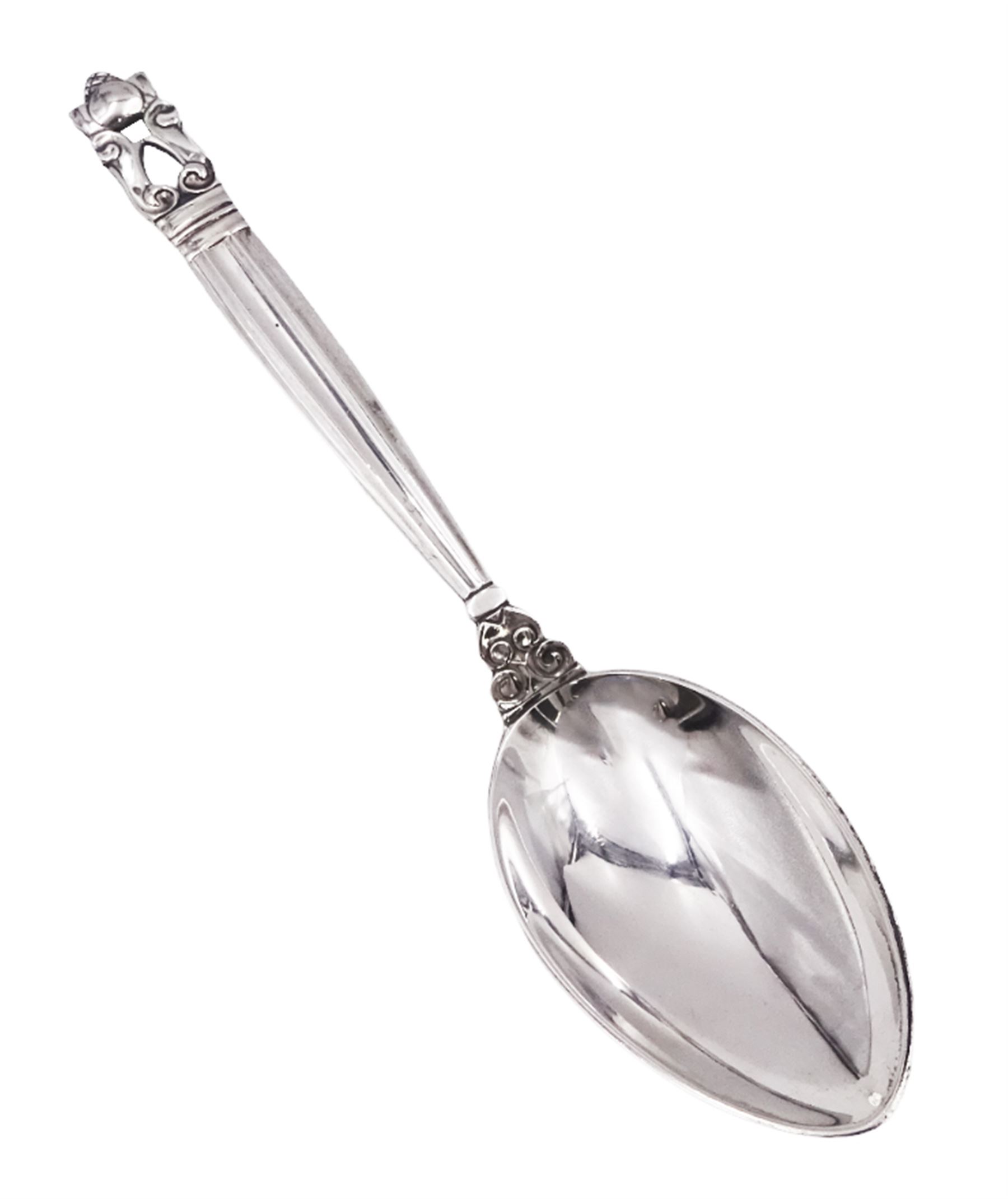 Danish silver Acorn pattern tea spoon by Georg Jensen, L17.4cm, impressed Sterling Denmark with marks for Georg Jensen to underside, approximate silver weight 1.4 ozt (43.4 grams)