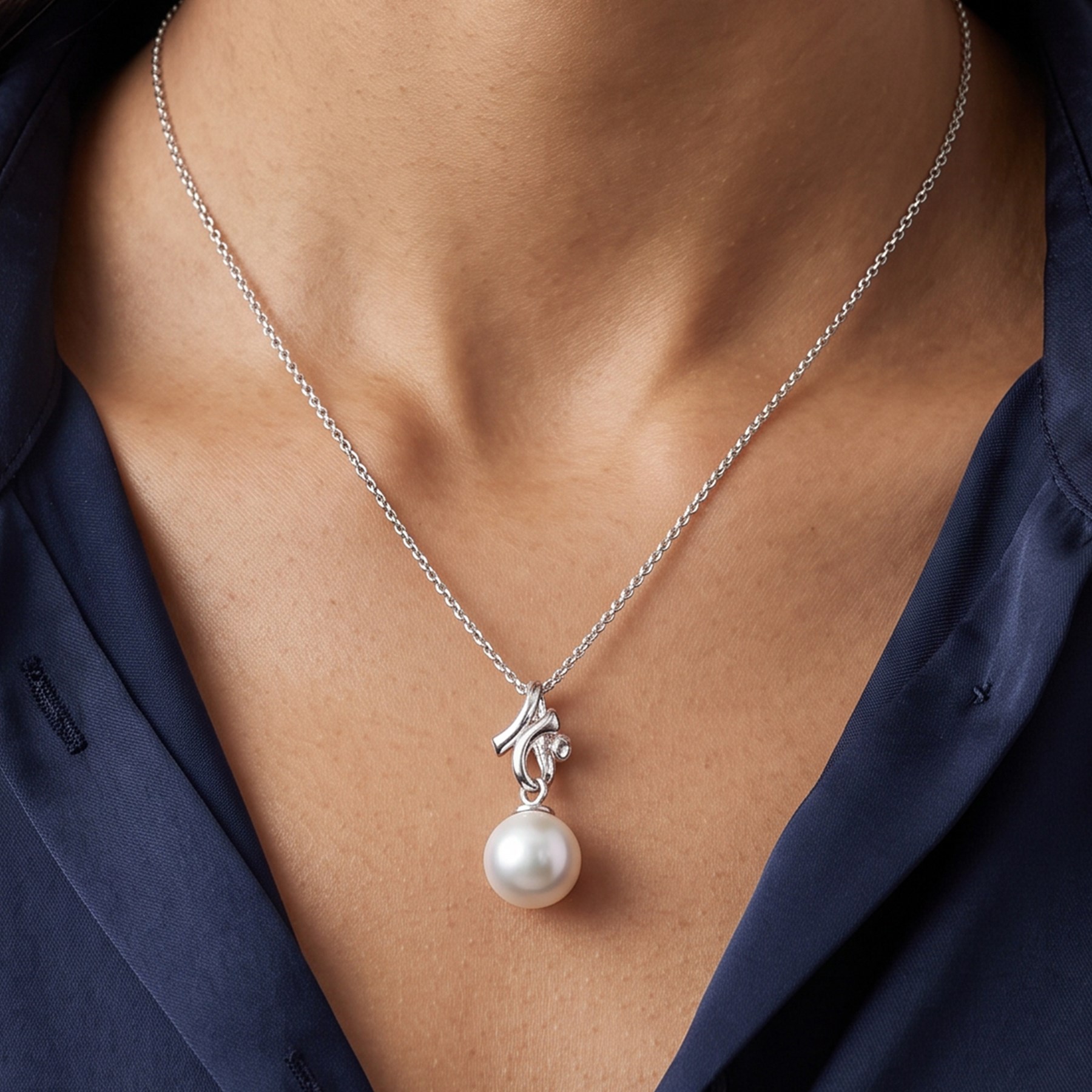 Georg Jensen Magic 18ct white gold pearl and diamond pendant necklace, grey cultured pearl with diamond set bail, on a white gold belcher link chain necklace, stamped 750, boxed