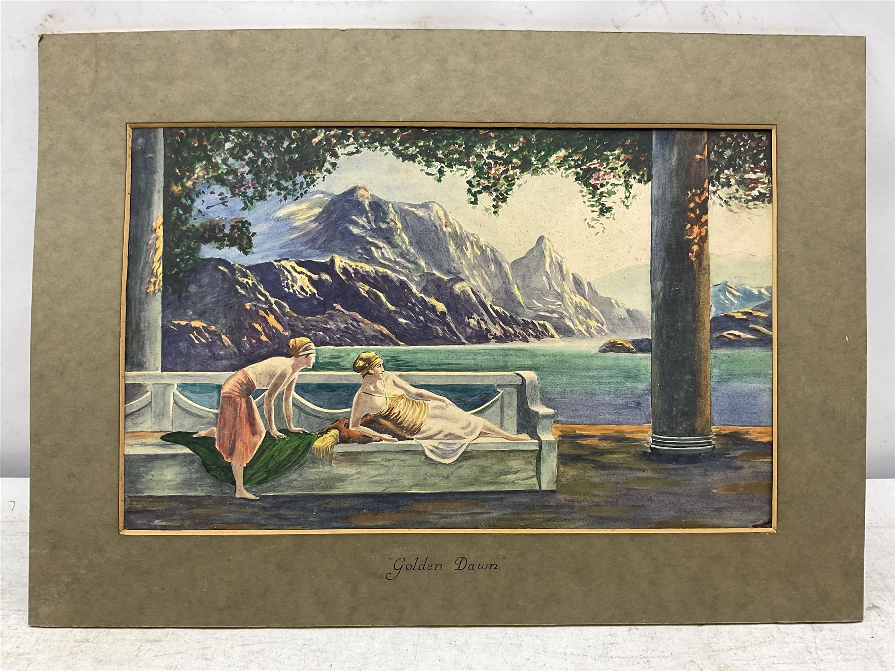 Art Deco School (Early 20th century): 'Golden Dawn' - Ladies in a Mountain Landscape, watercolour unsigned, titled on the original mount 22cm x 35cm (mounted)