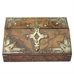Victorian figured walnut writing slope, with brass mounted gothic decoration to cover open...