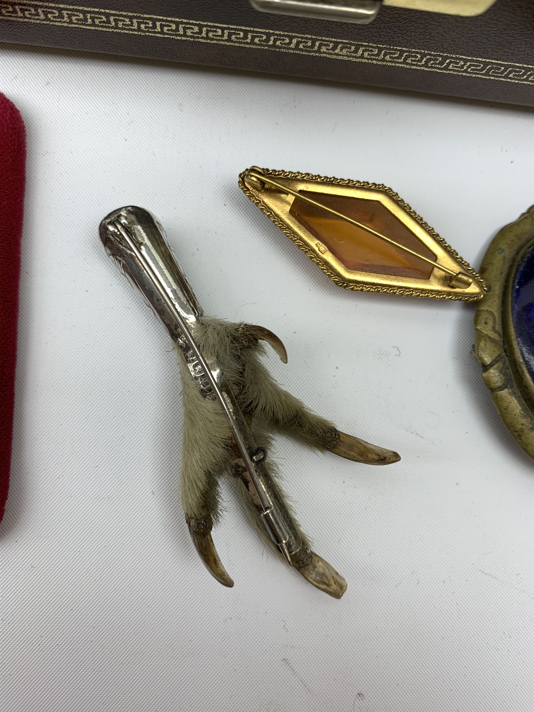 Vintage and later costume jewellery comprising a Brid's claw brooch with silver-plated mounts, micro mosaic circular brooch, Cameo brooch, a ladies gilt brass pocket watch, early 20th century Chinese carved ivory brooch and other items of jewellery contained in a modern jewellery box 