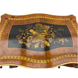 Late 20th century French walnut centre table, the shaped top with inlaid panel depicting musical instrument motifs surrounded by a band of bell flowers, shaped apron mounted with gilt metal scrolling foliage castings, raised on cabriole supports each mounted with foliate cartouche masks, joined by shaped x framed stretchers supporting putto holding floral garland, gilt metal acanthus cast cups and beading 