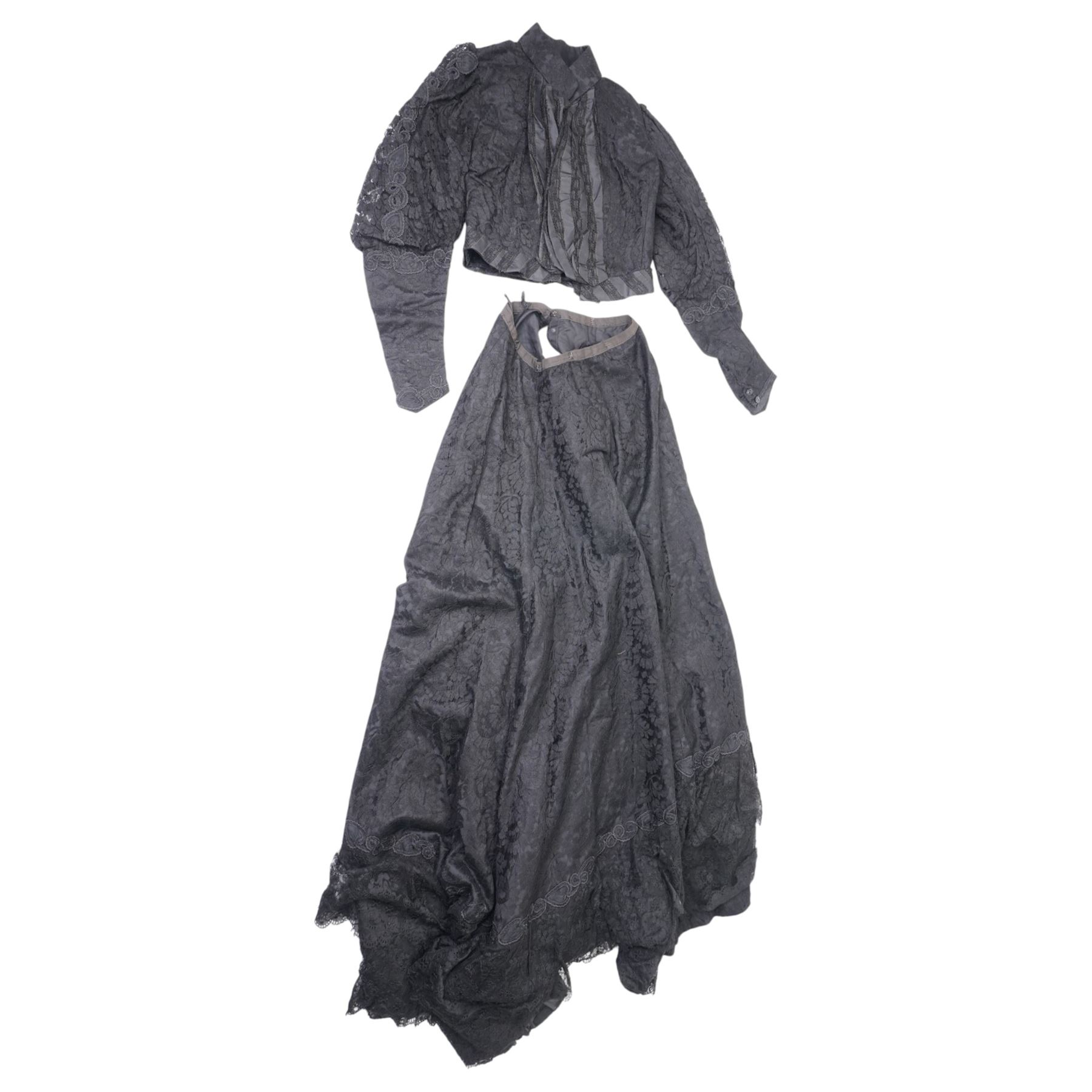Victorian two-piece lace mourning dress, contained in Brown Muff & Co of Bradford box