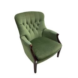 Parker Knoll - hardwood framed armchair, button back upholstered in green fabric