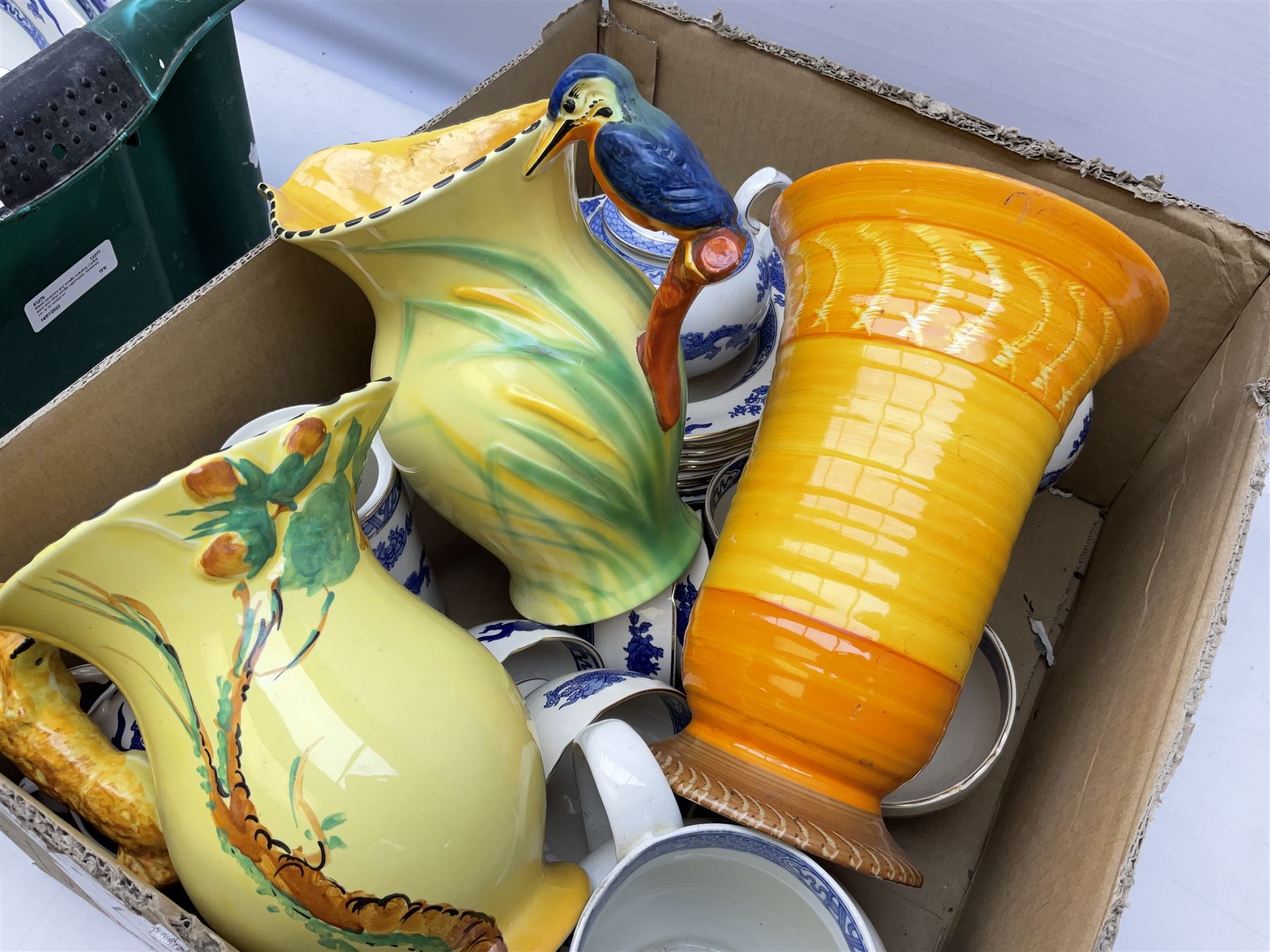  Burleigh ware jug with squirrel handle, together with similar falcon ware jug,  Shelley vase decorated in an orange colourway with fluted rim, and Royal Cauldon Dragon pattern tea and dinner wares, in two boxes
