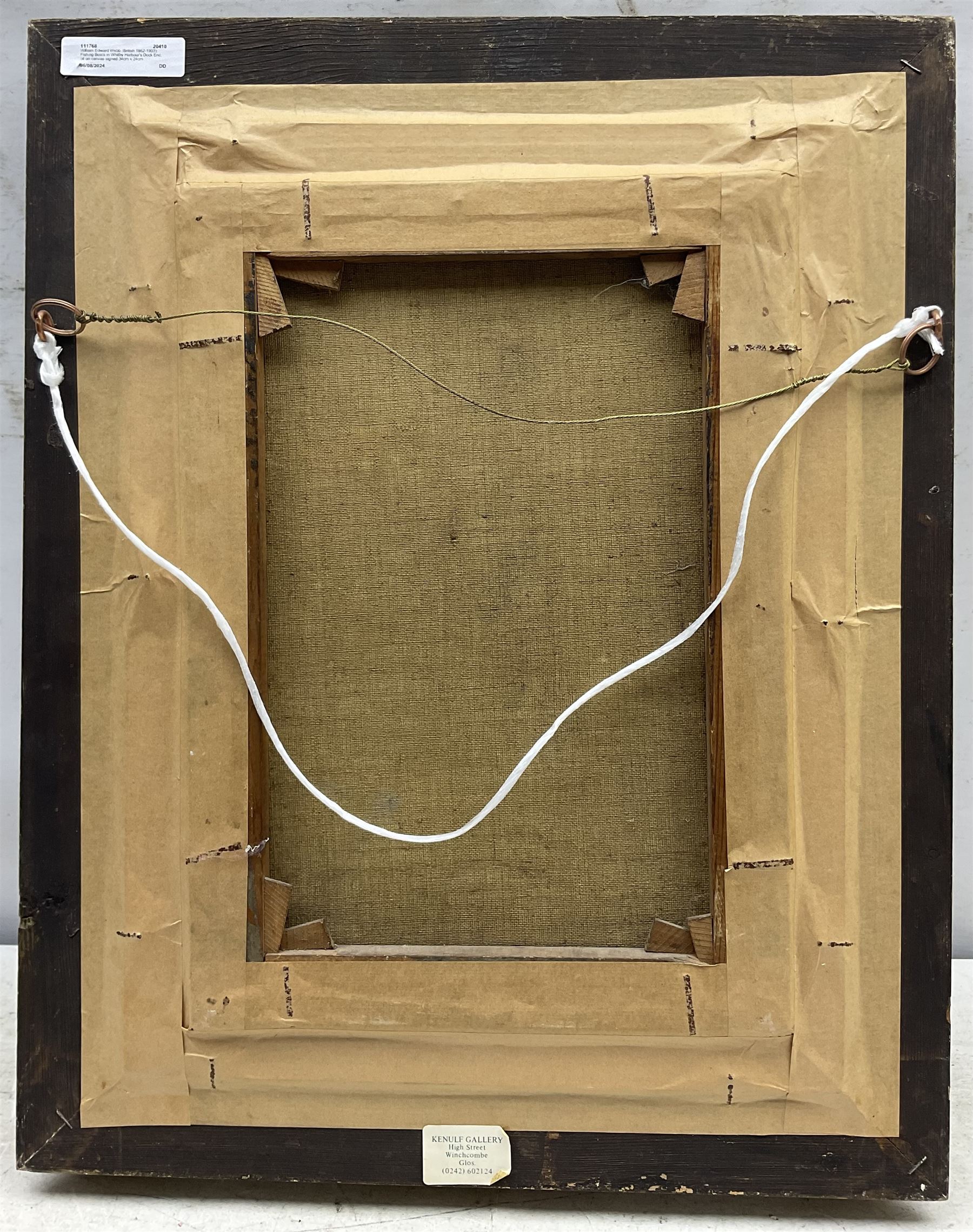 William Edward Webb (British 1862-1903): Fishing Boats in Whitby Harbour's Dock End, oil on canvas signed 34cm x 24cm