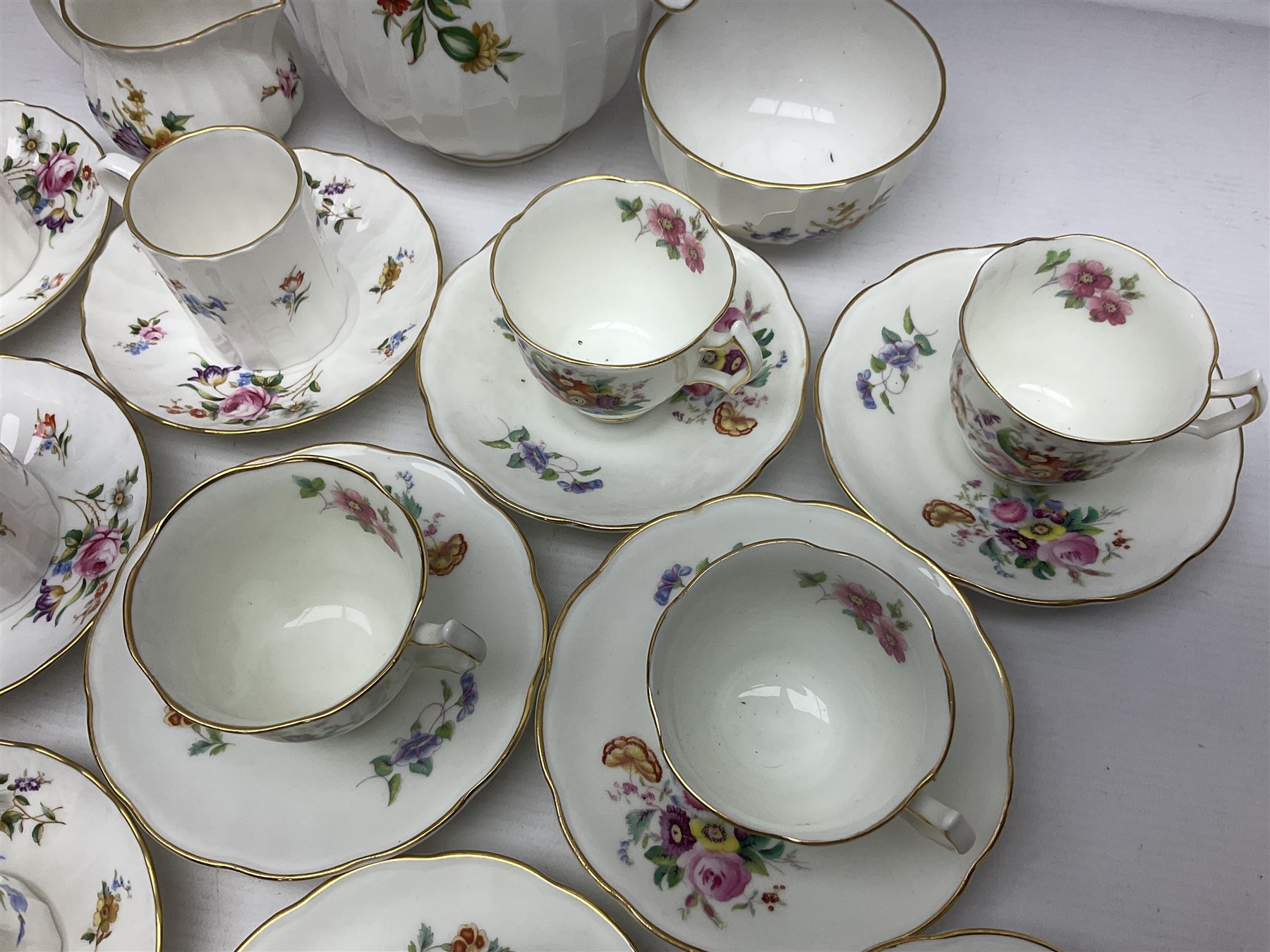 Royal Worcester Roanoke pattern coffee service, including coffee pot, coffee cans and saucers, milk and sugar bowl, together with Coalport Junetime pattern teacups and saucers