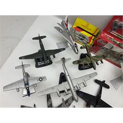 Thirteen unboxed Corgi Aviation Archive or similar die-cast models of aircraft, most with stands; Airfix 1:72 scale construction kit for BAe Harrier GR3; and two boxed Shell Collection die-cast models of cars