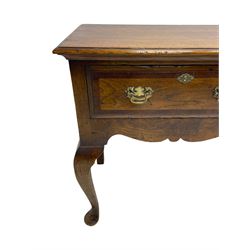 Georgian design oak dresser base, moulded rectangular top over three drawers with moulded fronts and mahogany bandings, shaped apron on cabriole front supports