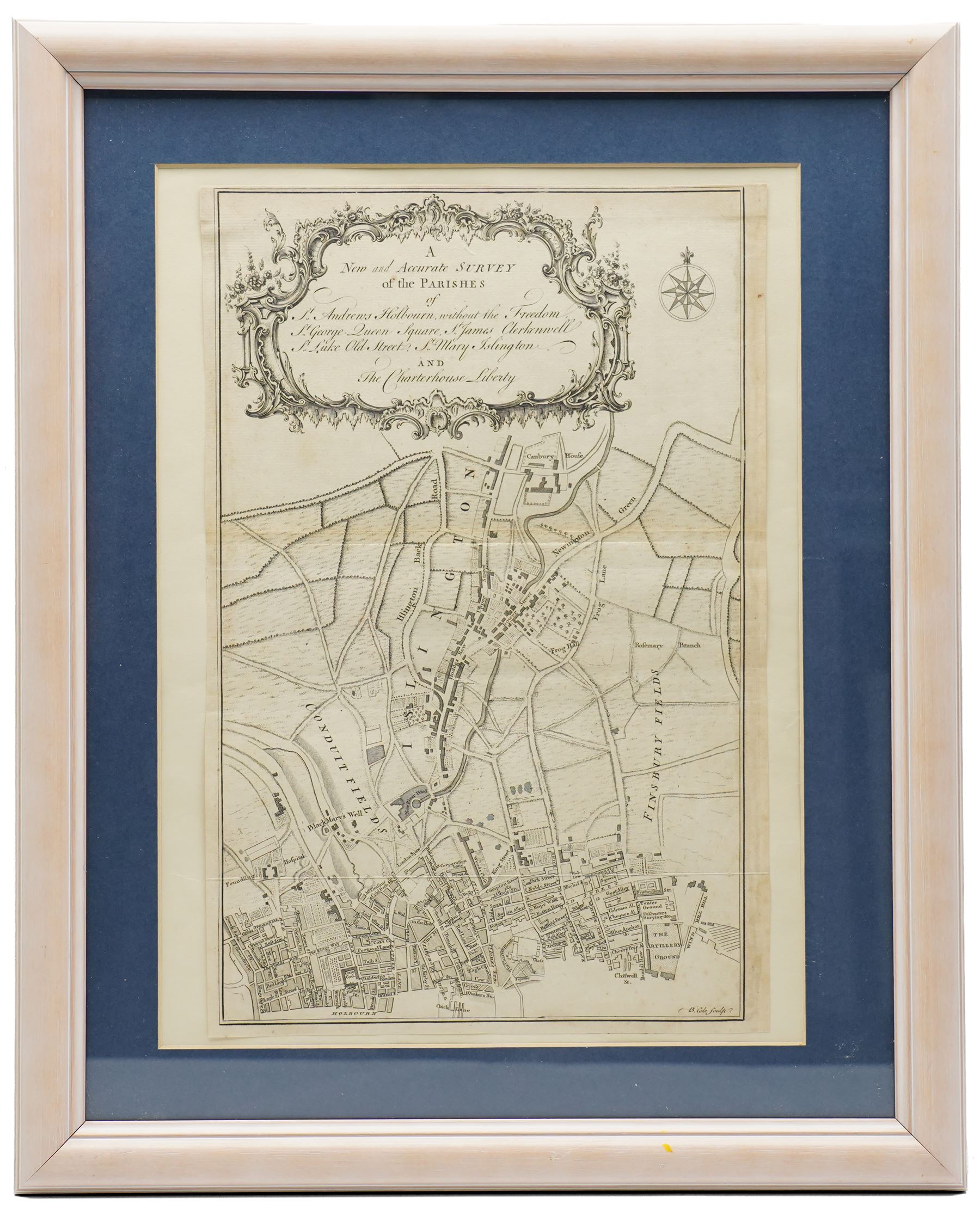 Benjamin Cole (British 1695-1766): 'A New and Accurate Survey of the Parishes of St Andrews Holbourn.. and the Charterhouse Liberty', mid-18th century engraved map with rococo title cartouche and compass rose pub. William Maitland 'History and Survey of London' c.1756, 37cm x 24cm
