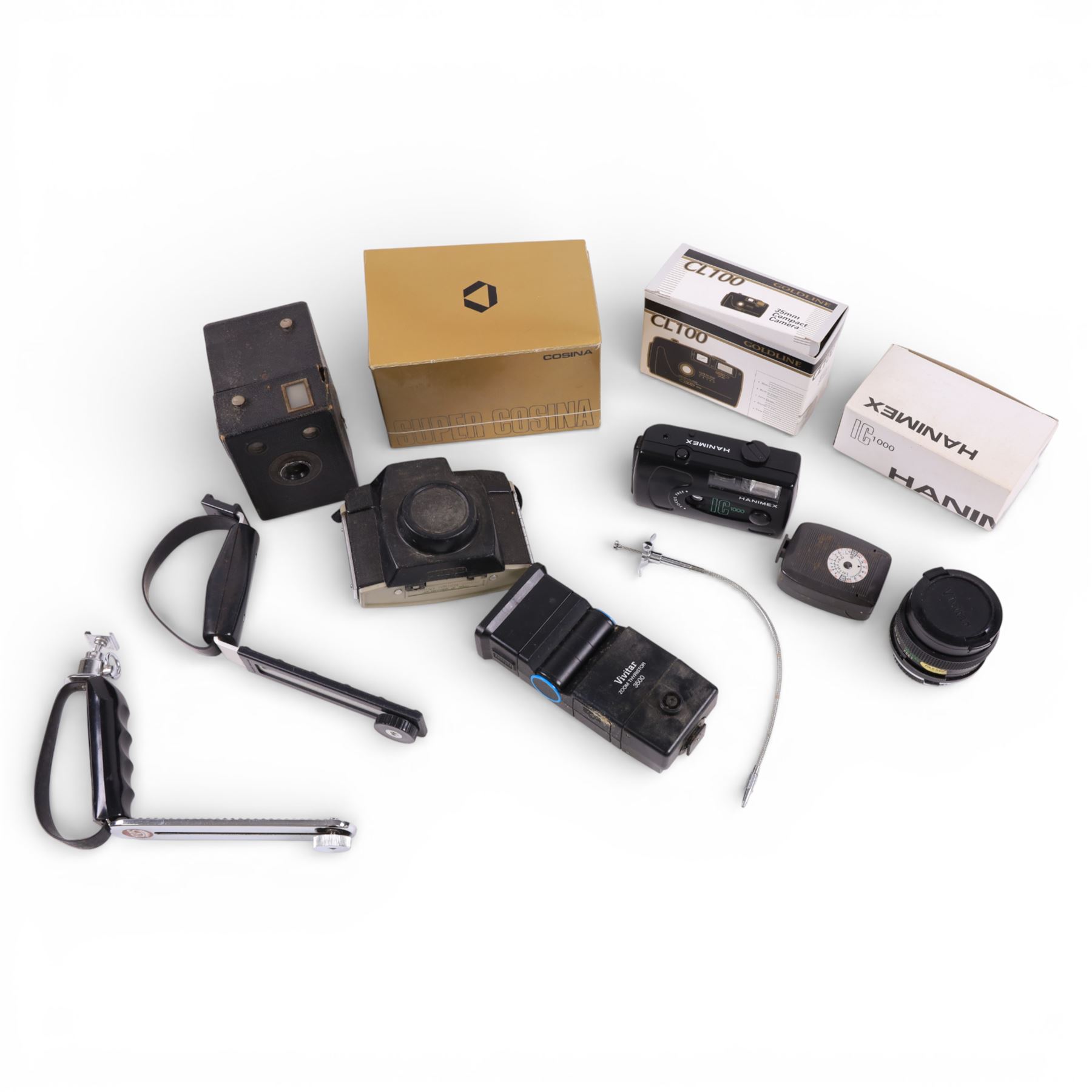 Cameras and accessories, including two Hanimex IC1000, Goldline CL100, Vivitar 3500 flash, Brownie box camera, Cosina 35-200mm lens, etc