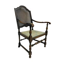 Early 20th century stained beech and cane back armchair